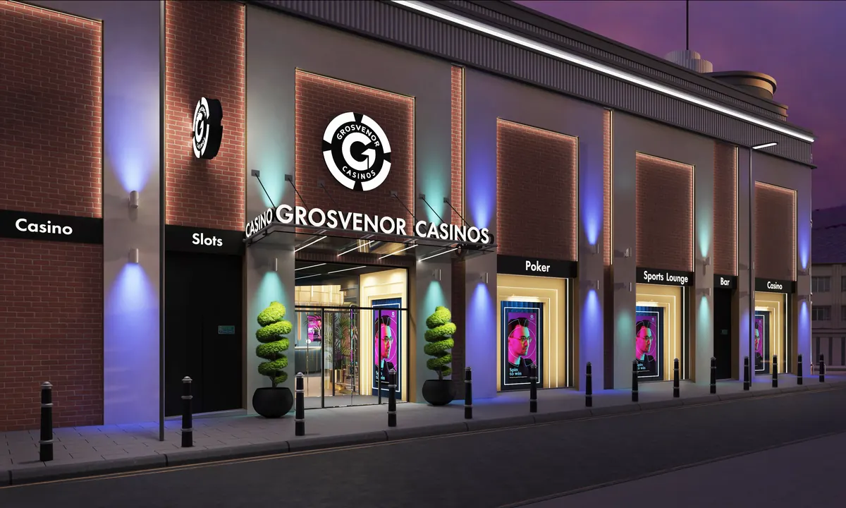 Entrance to a Grosvenor Casinos venue lit up at night